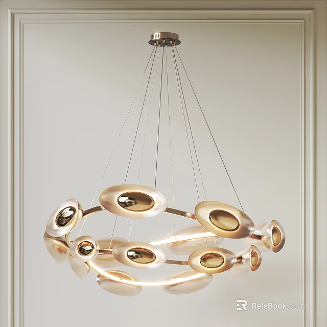 Elegant Modern Chandelier With Multiple Golden Circular Illuminated Rings Hanging Design 3d model 