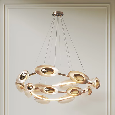 Elegant Modern Chandelier With Multiple Golden Circular Illuminated Rings Hanging Design 3d model