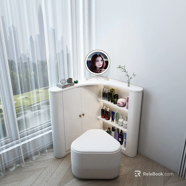 White Corner Dressing Table With Round Mirror Cosmetics Storage And Stool By Window 3d model