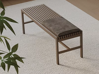 Wooden Slatted Bench With Gray Cushion On White Rug And Green Plant Indoor 3d model