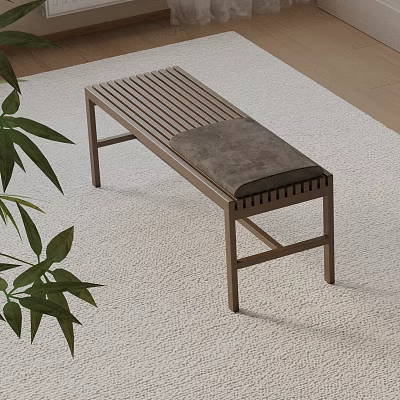 Wooden Slatted Bench With Gray Cushion On White Rug And Green Plant Indoor 3d model