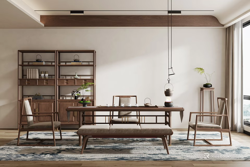 Traditional Tea Room Interior With Wooden Shelves Tables Chairs Tea Sets And Plants 3d model 
