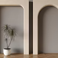 Two Beige Archways With Potted Plant Against Gray Wall And Herringbone Wooden Floor