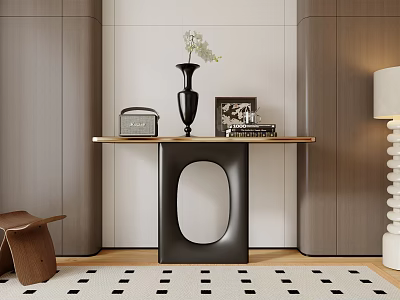 Modern Console Table Interior Decor With Vase Photo Frame Radio And Wooden Floor 3d model