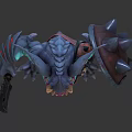 Green Spiked Warrior Monster Character With Orange Glowing Eyes And Weapon Shield