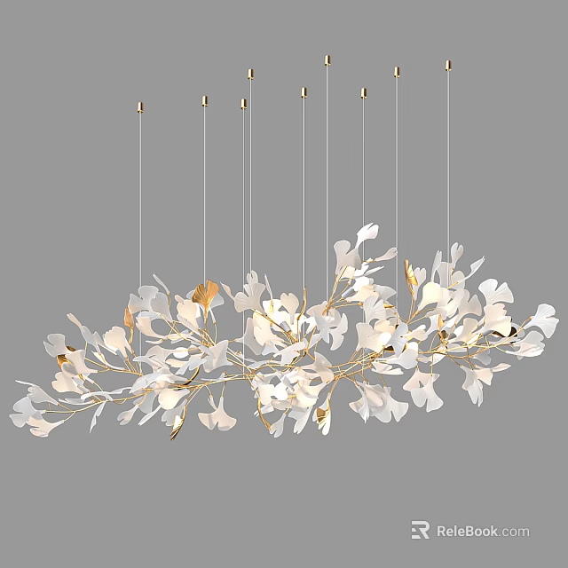 Modern Elegant Chandelier With White Leaf Shaped Decorations And Golden Branches 3d model