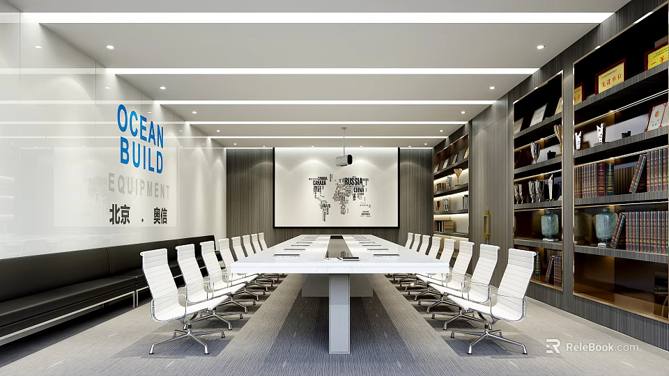 Modern Conference Room With Long White Table White Chairs Projector Screen And Bookshelves 3d model 