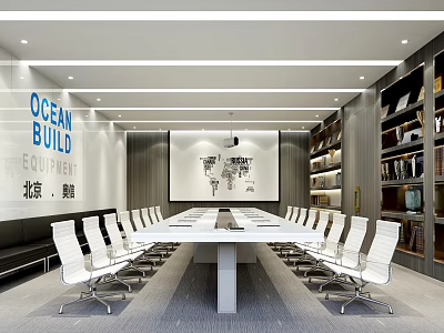 Modern Conference Room With Long White Table White Chairs Projector Screen And Bookshelves 3d model