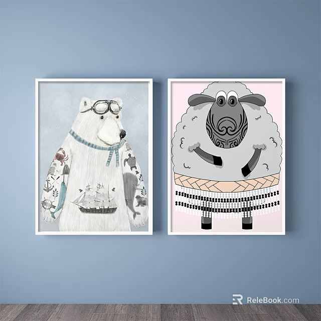 Cartoon Animal Paintings With Polar Bear And Sheep Wearing Decorative Clothes On Blue Background 3d model 