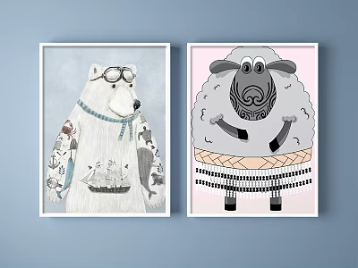 Cartoon Animal Paintings With Polar Bear And Sheep Wearing Decorative Clothes On Blue Background 3d model