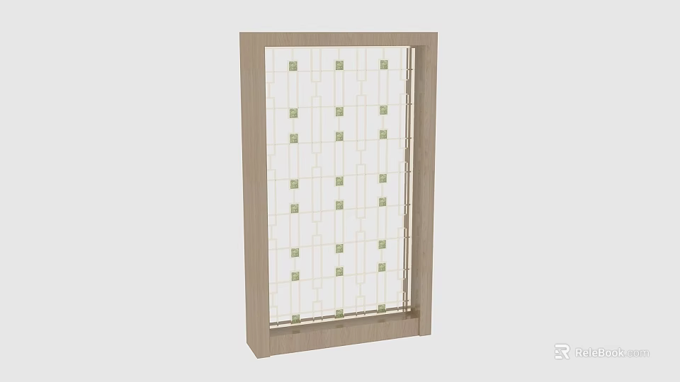 Wooden Frame Room Divider Screen With Glass Panel And Geometric Patterns 3d model