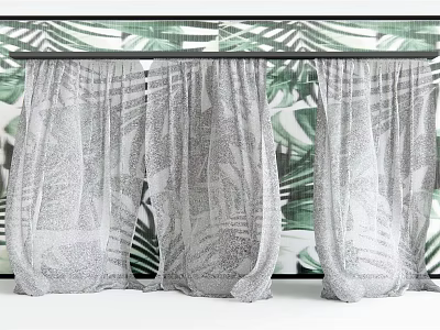 Sheer Light Colored Curtains With Tropical Leaf Pattern And Green Background 3d model