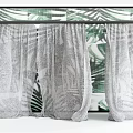 Sheer Light Colored Curtains With Tropical Leaf Pattern And Green Background