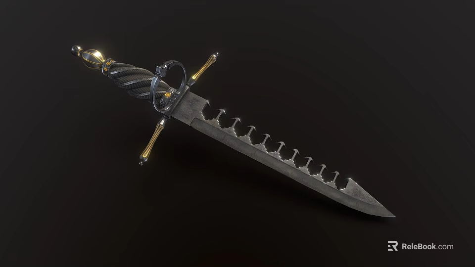 Serrated Blade Combat Knife With Black Braided Handle And Gold Accents On Black Background 3d model 