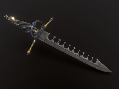 Serrated Blade Combat Knife With Black Braided Handle And Gold Accents On Black Background 3d model