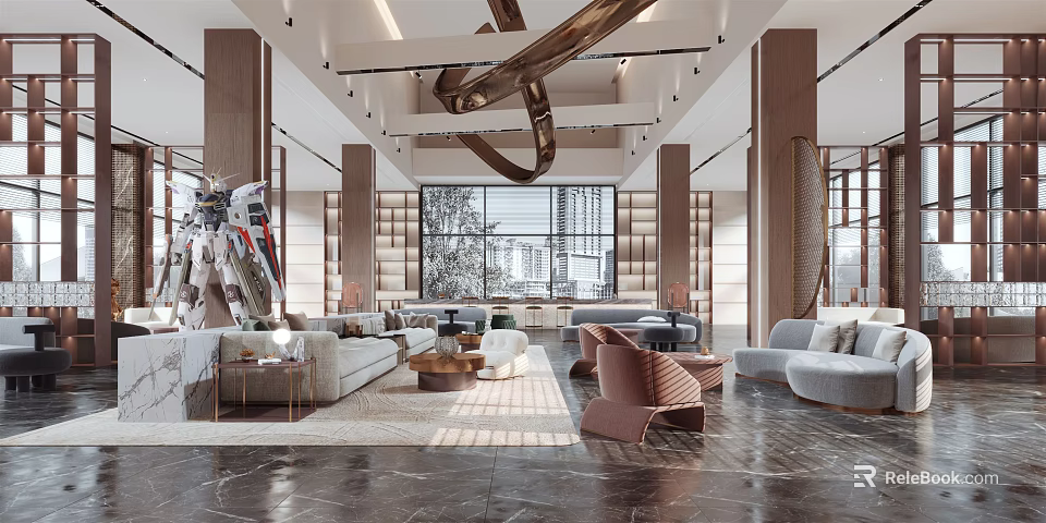 Modern Leisure Area With Sofas Coffee Tables Unique Chandelier And Large Windows 3d model