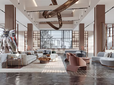 Modern Leisure Area With Sofas Coffee Tables Unique Chandelier And Large Windows 3d model