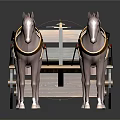 Four White Horses Pulling Wooden Wagon With Red Harnesses And Wheels