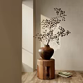 Ceramic Vase With Dried Branches And Small Buds On Wooden Stand Natural Sunlight Indoor Decor