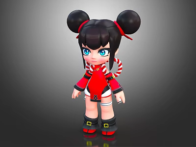 Cartoon Girl Character With Black Double Buns Red Outfit And Candy Cane 3d model