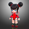 Cartoon Girl Character With Black Double Buns Red Outfit And Candy Cane