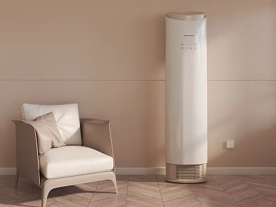 White Tower Air Conditioner Fan In Modern Living Room With Beige Chair And Wooden Floor 3d model