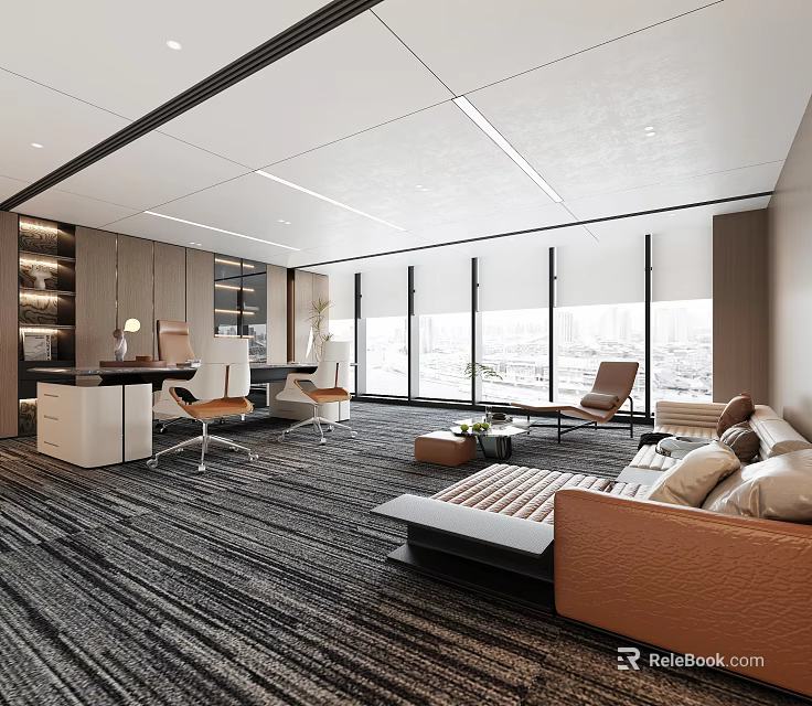 Modern Office Interior Design With Large Windows Workspace Lounge Area Sofa Desk And Carpet 3d model