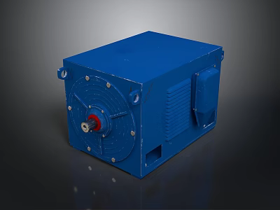 Blue Industrial Electric Motor With Metal Casing Cooling Fins And Red Shaft 3d model