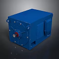 Blue Industrial Electric Motor With Metal Casing Cooling Fins And Red Shaft