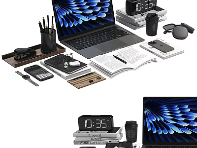 Modern Laptop Workstation Setup With Digital Clock Coffee Mug Stationery Phone And Notebook 3d model