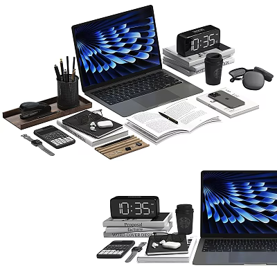 Modern Laptop Workstation Setup With Digital Clock Coffee Mug Stationery Phone And Notebook 3d model
