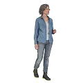 A Woman Standing in Blue Polka Dot Shirt White Undershirt Jeans Boots on Gray Background