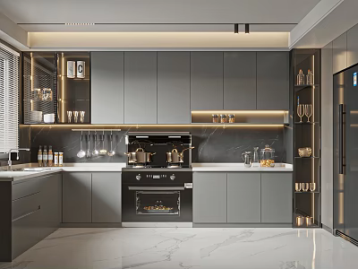 Modern Kitchen Interior Design With Gray Cabinets Marble Island And Appliances 3d model