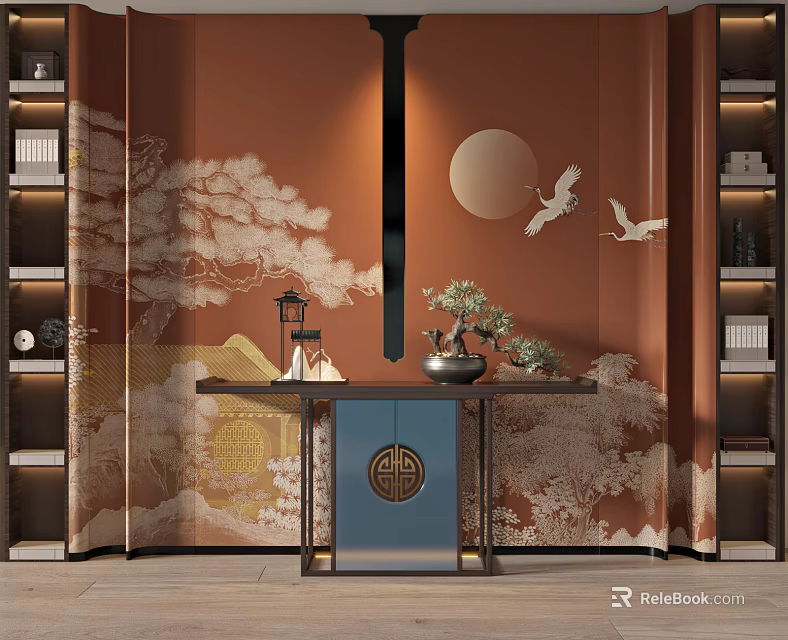 Oriental Console Table with Pine Crane Moon Pattern on Orange Backdrop and Bonsai Lantern Decor 3d model 