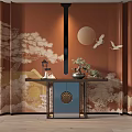 Oriental Console Table with Pine Crane Moon Pattern on Orange Backdrop and Bonsai Lantern Decor 3d model