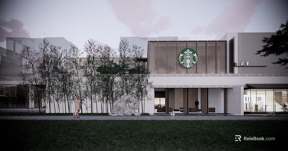 Starbucks Store Exterior With Wooden Facade Green Logo Trees And Grass Area 3d model 