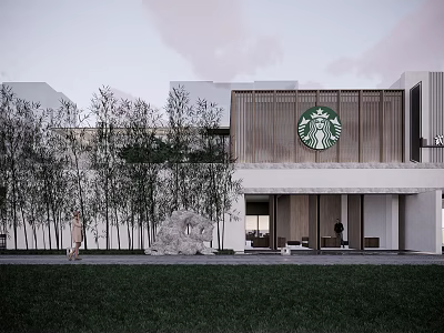 Starbucks Store Exterior With Wooden Facade Green Logo Trees And Grass Area 3d model