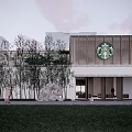 Starbucks Store Exterior With Wooden Facade Green Logo Trees And Grass Area