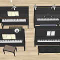 Black Upright Pianos With Music Sheets And Matching Stools For Musical Instruments