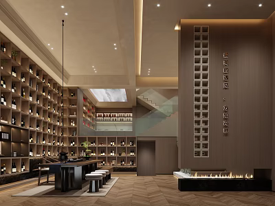 Elegant Wine Store Interior With Wooden Racks Staircase And Bar Counter 3d model