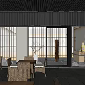 Modern Restaurant Interior With Wooden Partitions Reception Counter And Stone Floor