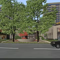 Modern Entrance Gate With Large Trees And High Rise Buildings Nearby