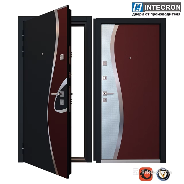 Modern Exterior Doors With Black Red Panels Glass Inserts And Metal Handles 3d model 