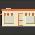 Small Retail Building with Orange Roof White and Orange Striped Awnings Windows and Door