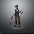 Elderly Man Wearing Brown Hat Vest And Shirt Holding Cane Standing Against Grey Background