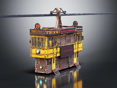 Vintage Yellow New York Tram With Classic Metal Body Steps And Cable Connection 3d model