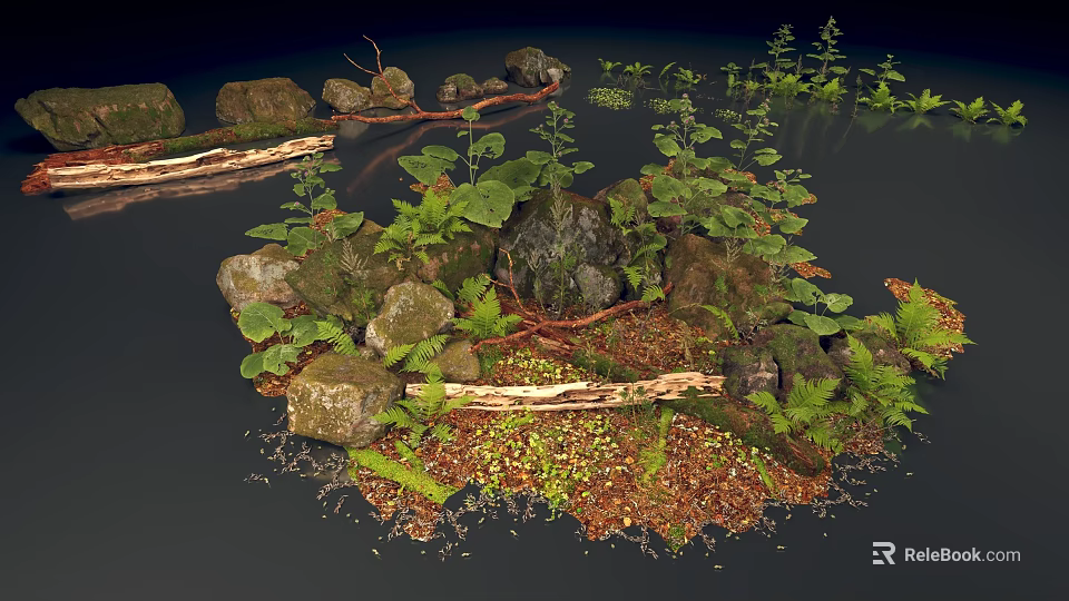 Natural Forest Scene With Rocks Logs Ferns Moss Fallen Leaves And Green Plants 3d model 