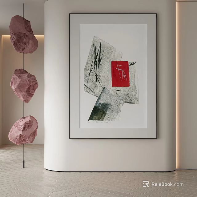 Abstract Painting Featuring Red Square and Lines on White Wall with Pink Stone Decorations 3d model 