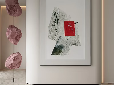 Abstract Painting Featuring Red Square and Lines on White Wall with Pink Stone Decorations 3d model
