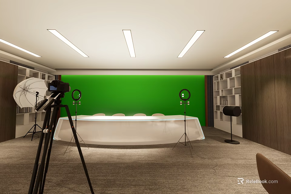 Professional Studio Setup With Green Screen White Table Lighting And Bookshelves 3d model